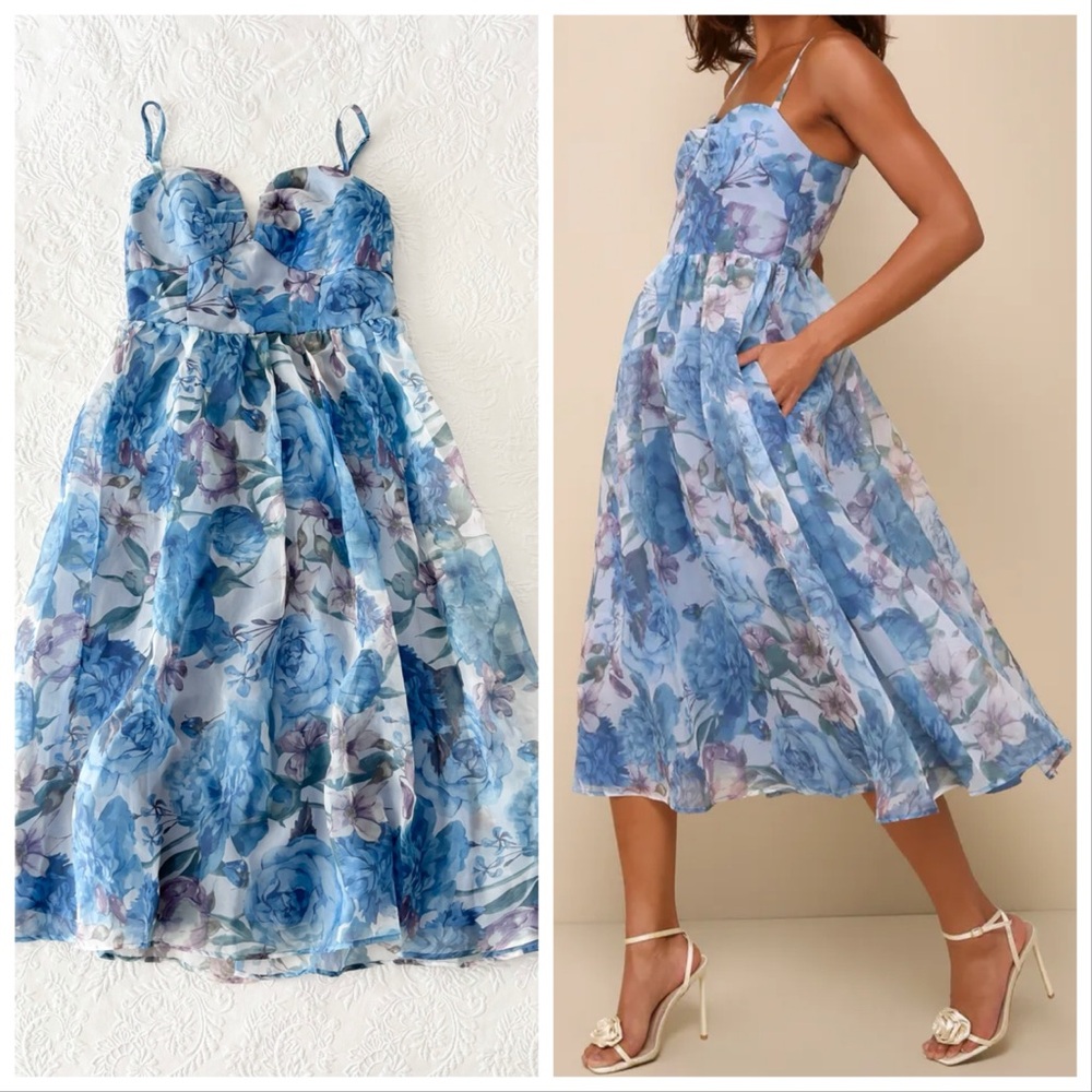 Lulus Cherished Aura Blue Multi Floral Organza Bustier Midi Dress Medium